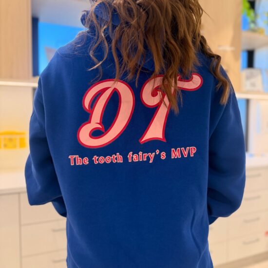 Dental therapist hoodie in Liberty blue, back print reading The Tooth Fairy's MVP
