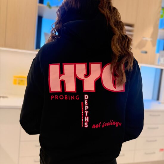 Hygienist hoodie in black, back print reading Probing Depths Not Feelings