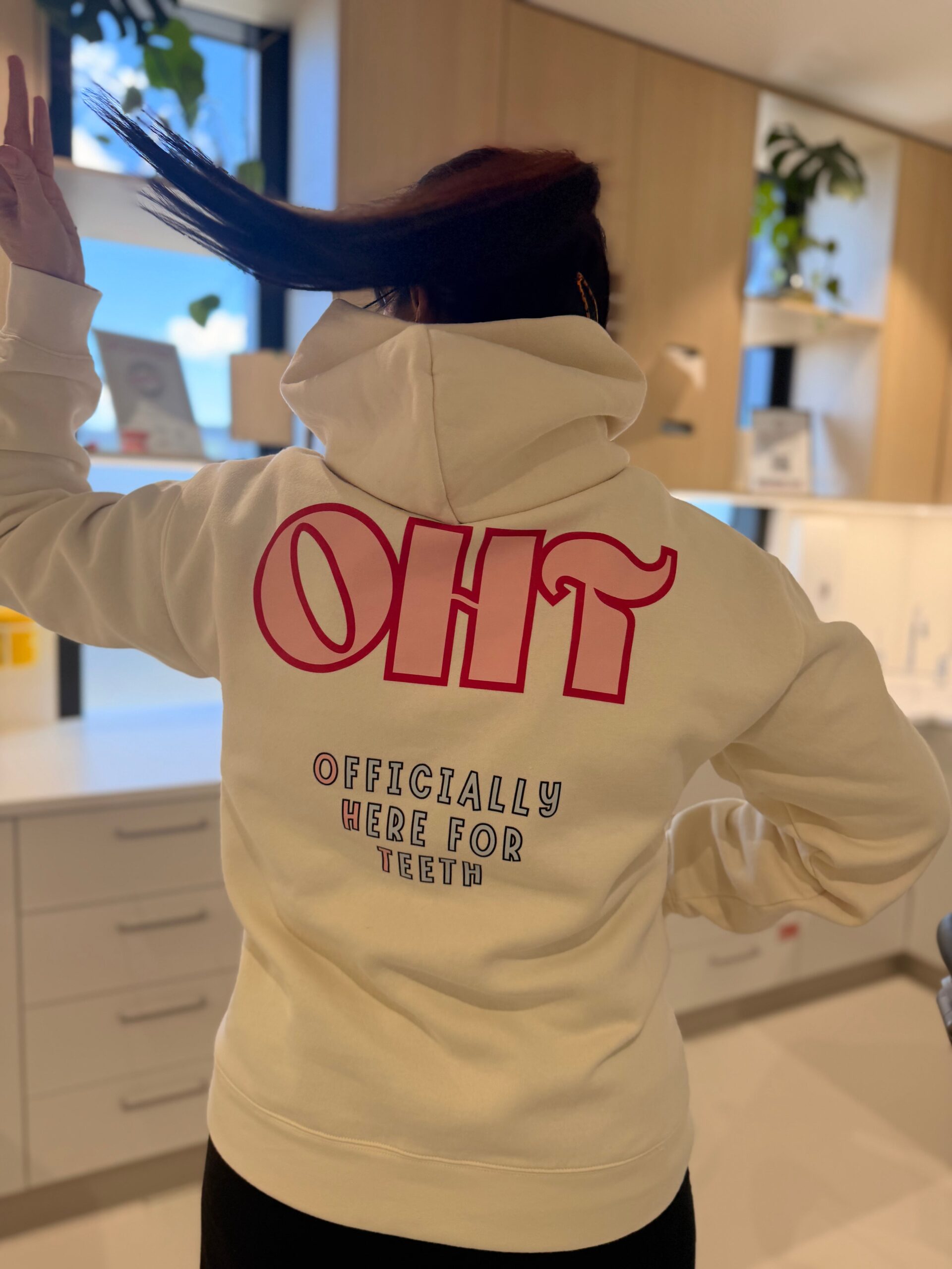 Ecru oral health therapist hoodie, back view